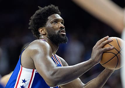 Apr 4, 2023; Philadelphia, Pennsylvania, USA; Philadelphia 76ers center Joel Embiid (21) shoots a foul shot against the Boston Celtics during the third quarter at Wells Fargo Center. Mandatory Credit: Bill Streicher-USA TODAY Sports
