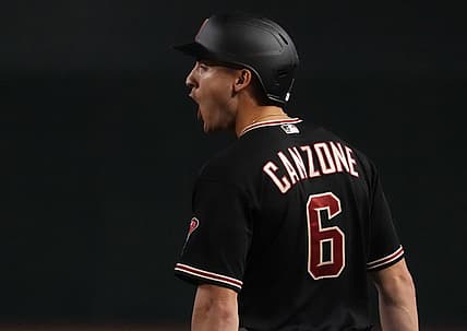 Jul 29, 2023; Phoenix, Arizona, USA; Arizona Diamondbacks designated hitter Dominic Canzone (6) reacts after hitting an RBI single against the Seattle Mariners during the eighth inning at Chase Field. Mandatory Credit: Joe Camporeale-USA TODAY Sports