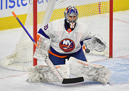 Jan 31, 2021; Philadelphia, Pennsylvania, USA; New York Islanders goaltender Ilya Sorokin (30) makes a save against the Philadelphia Flyers during the third period at Wells Fargo Center. Mandatory Credit: Eric Hartline-USA TODAY Sports