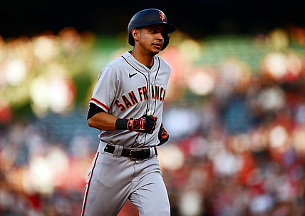 Jun 22, 2021; Anaheim, California, USA; San Francisco Giants center fielder Mauricio Dubon (1) rounds the bases after hitting a solo home run against the Los Angeles Angels during the second inning at Angel Stadium. Mandatory Credit: Gary A. Vasquez-USA TODAY Sports
