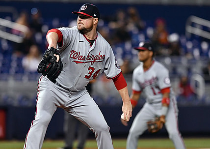 Jun 25, 2021; Miami, Florida, USA; Washington Nationals pitcher Jon Lester (34) pitches against the Miami Marlins during the first inning at loanDepot Park. Mandatory Credit: Jim Rassol-USA TODAY Sports