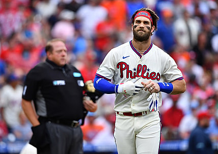 Aug 7, 2021; Philadelphia, Pennsylvania, USA; Philadelphia Phillies right fielder Bryce Harper (3) looks on after striking out in the first inning against the New York Mets at Citizens Bank Park. Mandatory Credit: Kyle Ross-USA TODAY Sports