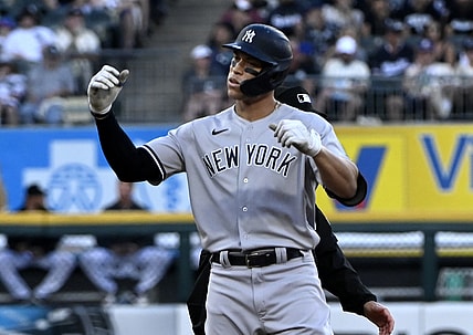Aug 14, 2021; Chicago, Illinois, USA;  New York Yankees right fielder Aaron Judge (99) after hitting an RBI double during the third inning against the Chicago White Sox at Guaranteed Rate Field. Mandatory Credit: Matt Marton-USA TODAY Sports