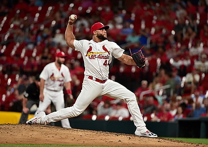 Aug 19, 2021; St. Louis, Missouri, USA;  St. Louis Cardinals relief pitcher Junior Fernandez (44) pitches during the fourth inning against the Milwaukee Brewers at Busch Stadium. Mandatory Credit: Jeff Curry-USA TODAY Sports