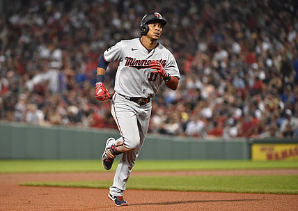 Aug 25, 2021; Boston, Massachusetts, USA;  Minnesota Twins second baseman Jorge Polanco (11) rounds the bases after hitting a two-run home run during the fourth inning against the Boston Red Sox at Fenway Park. Mandatory Credit: Bob DeChiara-USA TODAY Sports