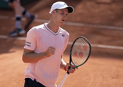 May 28, 2022; Paris, France; Hubert Hurkacz (POL) reacts to winning the second set in his match against David Goffin (BEL) on day seven of the French Open at Stade Roland-Garros. Mandatory Credit: Susan Mullane-USA TODAY Sports