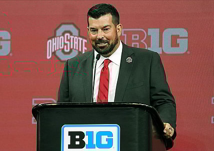 Jul 27, 2022; Indianapolis, IN, USA; Ohio State Buckeyes head coach Ryan Day talks to the media during Big 10 football media days at Lucas Oil Stadium. Mandatory Credit: Robert Goddin-USA TODAY Sports