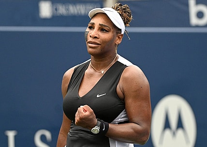 Aug 8, 2022; Toronto, ON, Canada;  Serena Williams (USA) reacts after defeating Nuria Parrizas Diaz (ESP) in first round play in the National Bank Open at Sobeys Stadium. Mandatory Credit: Dan Hamilton-USA TODAY Sports