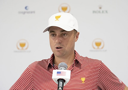 Sep 20, 2022; Charlotte, North Carolina, USA; Team USA golfer Justin Thomas addresses the media in a press conference during a practice day for the Presidents Cup golf tournament at Quail Hollow Club. Mandatory Credit: Kyle Terada-USA TODAY Sports