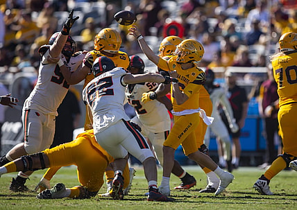 Nov 19, 2022; Tempe, Arizona, USA; Arizona State Sun Devils quarterback Trenton Bourguet (16) against the Oregon State Beavers during the first half at Sun Devil Stadium. Mandatory Credit: Mark J. Rebilas-USA TODAY Sports