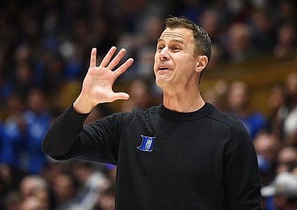 Jan 11, 2023; Durham, North Carolina, USA; Duke Blue Devils head coach Jon Scheyer calls a play during the first half against the Pittsburgh Panthers at Cameron Indoor Stadium. Mandatory Credit: Rob Kinnan-USA TODAY Sports