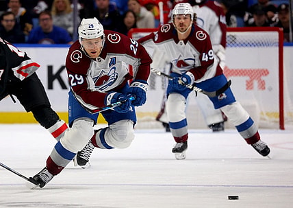 Oct 29, 2023; Buffalo, New York, USA;  Colorado Avalanche center Nathan MacKinnon (29) skates up ice for a loose puck during the first period against the Buffalo Sabres at KeyBank Center. Mandatory Credit: Timothy T. Ludwig-USA TODAY Sports