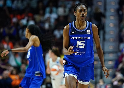 Oct 1, 2023; Uncasville, Connecticut, USA; Connecticut Sun guard Tiffany Hayes (15) reacts after her three point basket against the New York Liberty in the first half during game four of the 2023 WNBA Playoffs at Mohegan Sun Arena. Mandatory Credit: David Butler II-USA TODAY Sports