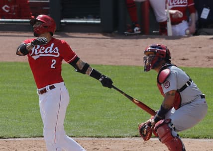 Apr 4, 2021; Cincinnati, Ohio, USA; Cincinnati Reds right fielder Nick Castellanos (2) hits a three-run home run against the St. Louis Cardinals during the fifth inning at Great American Ball Park. Mandatory Credit: David Kohl-USA TODAY Sports