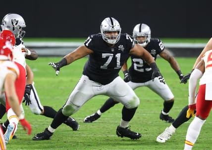 Nov 22, 2020; Paradise, Nevada, USA; Las Vegas Raiders offensive tackle Denzelle Good (71) against the Kansas City Chiefs at Allegiant Stadium. Mandatory Credit: Mark J. Rebilas-USA TODAY Sports