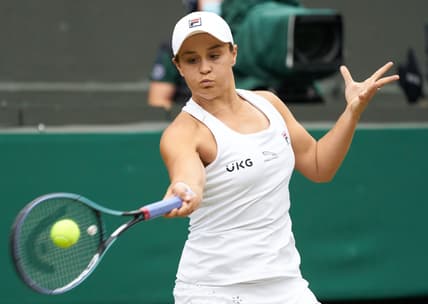 Jul 10, 2021; London, United Kingdom;  Ashleigh Barty (AUS) seen playing against Karolina Pliskova (CZE) in the women s final at All England Lawn Tennis and Croquet Club. Mandatory Credit: Peter van den Berg-USA TODAY Sports