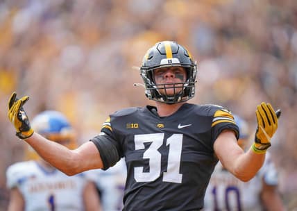 Iowa linebacker Jack Campbell reacts after making a tackle against South Dakota State during a NCAA football game on Saturday, Sept. 3, 2022, at Kinnick Stadium in Iowa City.

Iowavssdsu 20220903 Bh