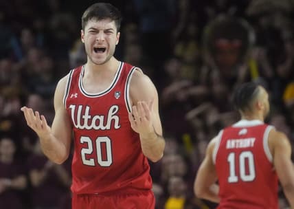 Utah Utes guard Lazar Stefanovic (20) yells out to he referee after losing the ball against the ASU Sun Devils at Desert Financial Arena in Tempe on Feb. 18, 2023.

Basketball Utah Asu Mbb Utah At Arizona State