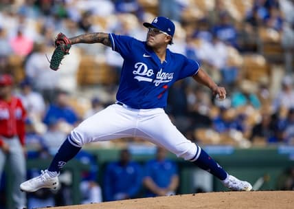 Feb 28, 2023; Phoenix, Arizona, USA; Los Angeles Dodgers pitcher Julio Urias against the Cincinnati Reds during a spring training game at Camelback Ranch-Glendale. Mandatory Credit: Mark J. Rebilas-USA TODAY Sports
