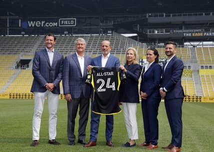 Jun 28, 2023; Columbus, OH, USA;  (from left to right) Haslam Group Partner J.W. Johnson, Crew Owner Dr. Peter Edwards, Major League Soccer Commissioner Don Garber, Crew Owner Dee Haslam, Crew President of Business Operations Kristin Bernert, Crew President and General Manager Tim Bezbatchenko, on the pitch during the 2024 MLS All-Star Host City and Stadium Announcement ceremonies at Lower.com Field. Mandatory Credit: Joseph Maiorana-USA TODAY Sports