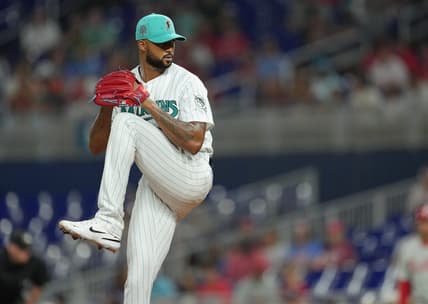 Jul 7, 2023; Miami, Florida, USA;  Miami Marlins starting pitcher Sandy Alcantara (22) pitches in the first inning against the Philadelphia Phillies at loanDepot Park. Mandatory Credit: Jim Rassol-USA TODAY Sports