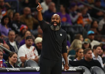 Dec 13, 2023; Phoenix, Arizona, USA; Brooklyn Nets head coach Jacque Vaughn against the Phoenix Suns at Footprint Center. Mandatory Credit: Mark J. Rebilas-USA TODAY Sports