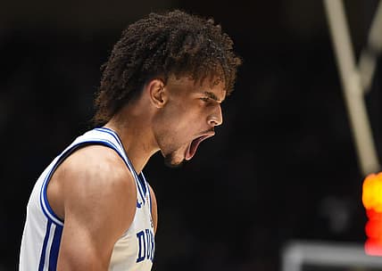 Nov 11, 2022; Durham, North Carolina, USA; Duke Blue Devils center Dereck Lively (1) reacts during the first half against the South Carolina Upstate Spartans at Cameron Indoor Stadium. Mandatory Credit: Rob Kinnan-USA TODAY Sports