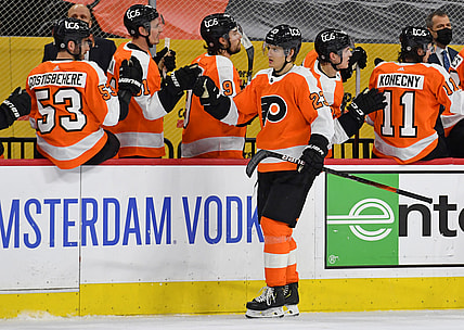 Mar 22, 2021; Philadelphia, Pennsylvania, USA; Philadelphia Flyers left wing Oskar Lindblom (23) celebrates his goal with teammates against the New York Islanders during the second period at Wells Fargo Center. Mandatory Credit: Eric Hartline-USA TODAY Sports