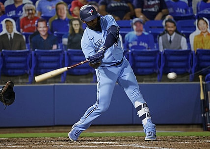 May 18, 2021; Dunedin, Florida, CAN; Toronto Blue Jays right fielder Teoscar Hernandez (37) singles during the third inning against the Boston Red Sox at TD Ballpark. Mandatory Credit: Kim Klement-USA TODAY Sports