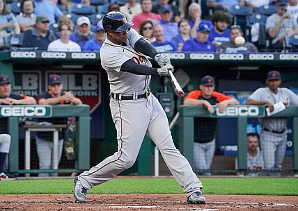 Jun 15, 2021; Kansas City, Missouri, USA; Detroit Tigers first baseman Jonathan Schoop (7) hits a two run home run in the third inning against the Kansas City Royals at Kauffman Stadium. Mandatory Credit: Denny Medley-USA TODAY Sports