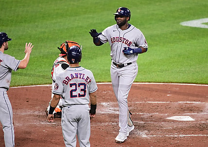 Jun 21, 2021; Baltimore, Maryland, USA; Houston Astros outfielder Yordan Alvarez (44) high fives teammates after hitting a home run in the third inning against the Baltimore Orioles at Oriole Park at Camden Yards. Mandatory Credit: Evan Habeeb-USA TODAY Sports