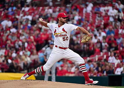 Aug 6, 2021; St. Louis, Missouri, USA;  St. Louis Cardinals starting pitcher Adam Wainwright (50) pitches during the first inning against the Kansas City Royals at Busch Stadium. Mandatory Credit: Jeff Curry-USA TODAY Sports