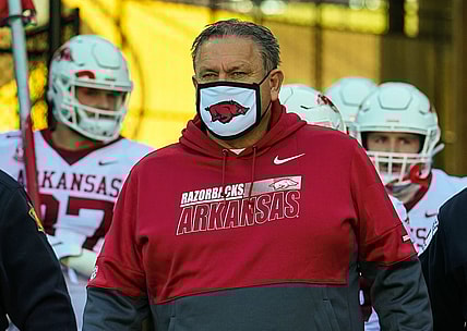 Dec 5, 2020; Columbia, Missouri, USA; Arkansas Razorbacks head coach Sam Pittman leads the team onto the field before the game against the Missouri Tigers at Faurot Field at Memorial Stadium. Mandatory Credit: Jay Biggerstaff-USA TODAY Sports
