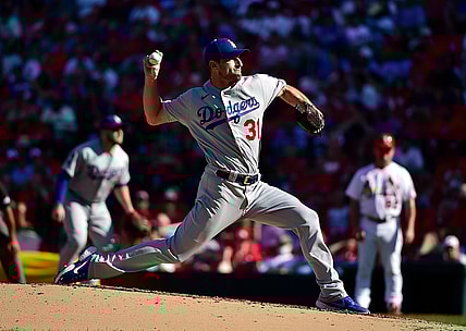 Sep 6, 2021; St. Louis, Missouri, USA;  Los Angeles Dodgers starting pitcher Max Scherzer (31) pitches during the fourth inning against the St. Louis Cardinals at Busch Stadium. Mandatory Credit: Jeff Curry-USA TODAY Sports