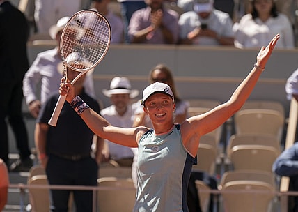 June 2, 2022; Paris, France; Iga Swiatek (POL) celebrates winning her semifinal match against Daria Kasatkina on day 12 of the French Open at Stade Roland-Garros. Mandatory Credit: Susan Mullane-USA TODAY Sports