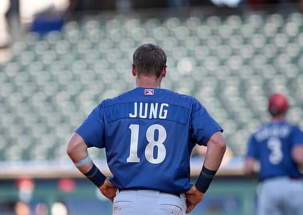 Frisco Rough Riders' Josh Jung stands on third base, Wednesday, June 16, 2021, at Whataburger Field. Rough Riders won, 8-4.