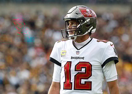 Oct 16, 2022; Pittsburgh, Pennsylvania, USA;  Tampa Bay Buccaneers quarterback Tom Brady (12) against the Pittsburgh Steelers during the fourth quarter at Acrisure Stadium. Mandatory Credit: Charles LeClaire-USA TODAY Sports