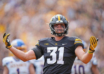 Iowa linebacker Jack Campbell reacts after making a tackle against South Dakota State during a NCAA football game on Saturday, Sept. 3, 2022, at Kinnick Stadium in Iowa City.

Iowavssdsu 20220903 Bh