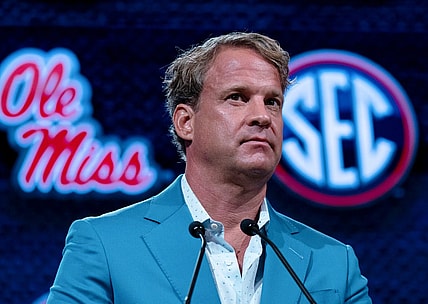 Ole Miss Head Coach Lane Kiffin speaks at the 2023 SEC Football Kickoff Media Days at the Nashville Grand Hyatt on Broadway, Thursday, July 20, 2023.