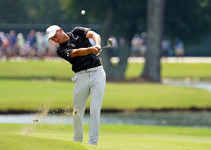 Jordan Spieth plays his shot on the on the eighth hole during the second round of the TOUR Championship golf tournament at East Lake Golf Club. Mandatory Credit: John David Mercer-USA TODAY Sports