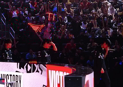 Nov 5, 2022; San Francisco, California, USA; Fans hold lit signs for T1 after game 3 against DRX during the League of Legends World Championships at Chase Center. Mandatory Credit: Kelley L Cox-USA TODAY Sports