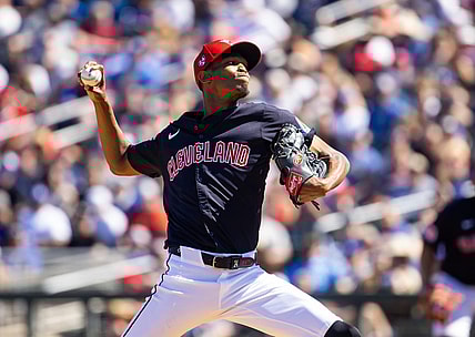 Mar 11, 2024; Goodyear, Arizona, USA; Cleveland Guardians pitcher Triston McKenzie against the Los Angeles Dodgers during a spring training game at Goodyear Ballpark. Mandatory Credit: Mark J. Rebilas-USA TODAY Sports