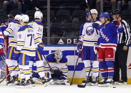 Mar 22, 2021; New York, New York, USA;  Buffalo Sabres goaltender Carter Hutton (40) is injured during the first period against the New York Rangers at Madison Square Garden. Mandatory Credit: Bruce Bennett/POOL PHOTOS-USA TODAY Sports