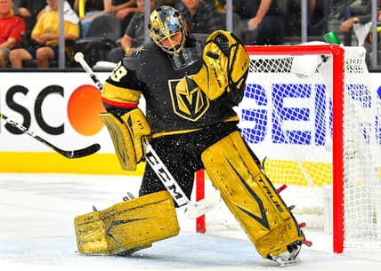 Jun 14, 2021; Las Vegas, Nevada, USA; Vegas Golden Knights goaltender Marc-Andre Fleury (29) gloves a third period shot by the Montreal Canadiens in game one of the 2021 Stanley Cup Semifinals at T-Mobile Arena. Mandatory Credit: Stephen R. Sylvanie-USA TODAY Sports