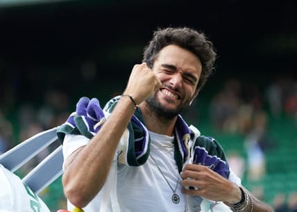 Jul 7, 2021; London, United Kingdom; Matteo Berrettini (ITA) seen celebrating his victory over Felix Auger-Aliassime (CAN) in the quarter finals at All England Lawn Tennis and Croquet Club. Mandatory Credit: Peter van den Berg-USA TODAY Sports