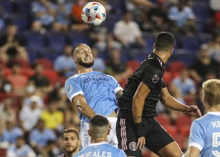 Aug 14, 2021; Harrison, New Jersey, USA;  New York City FC defender Maxime Chanot (4) goes up for a header in the first half against Inter Miami CF at Red Bull Arena. Mandatory Credit: Wendell Cruz-USA TODAY Sports