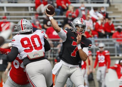 Team Brutus quarterback C.J. Stroud (7) throws a pass during the Ohio State Buckeyes football spring game at Ohio Stadium in Columbus on Saturday, April 17, 2021.

Ohio State Football Spring Game