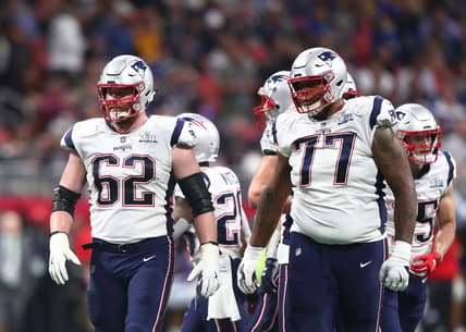 Feb 3, 2019; Atlanta, GA, USA; New England Patriots guard Joe Thuney (62) and offensive tackle Trent Brown (77) against the Los Angeles Rams in Super Bowl LIII at Mercedes-Benz Stadium. Mandatory Credit: Mark J. Rebilas-USA TODAY Sports