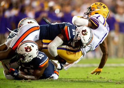 Kayshon Boutte 1 is tackled as The LSU Tigers take on the Auburn Tigers in Tiger Stadium. Saturday, Oct. 2, 2021.

Half 1 Lsu Vs Auburn Football 0805