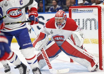 Jul 7, 2021; Tampa, Florida, USA; Montreal Canadiens goaltender Carey Price (31) defends the net against the Tampa Bay Lightning during the second period in game five of the 2021 Stanley Cup Final at Amalie Arena. Mandatory Credit: Kim Klement-USA TODAY Sports